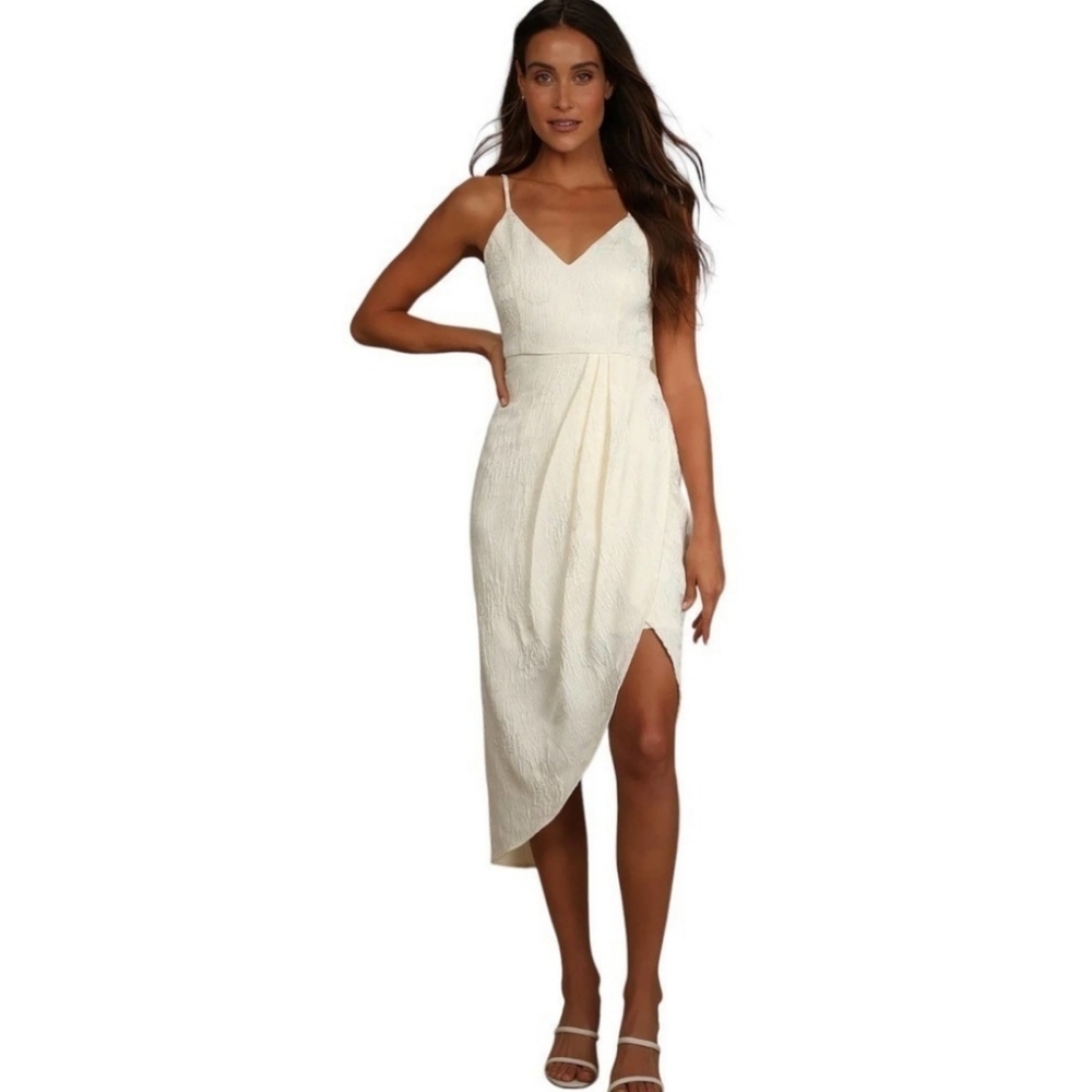 Lulus Womens Truly Exquisite Jacquard Tulip Asymmetric Midi Dress Size XL Cream